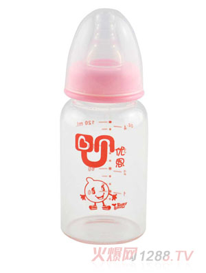 優(yōu)恩粉色標口晶鉆直身玻璃奶瓶120ml